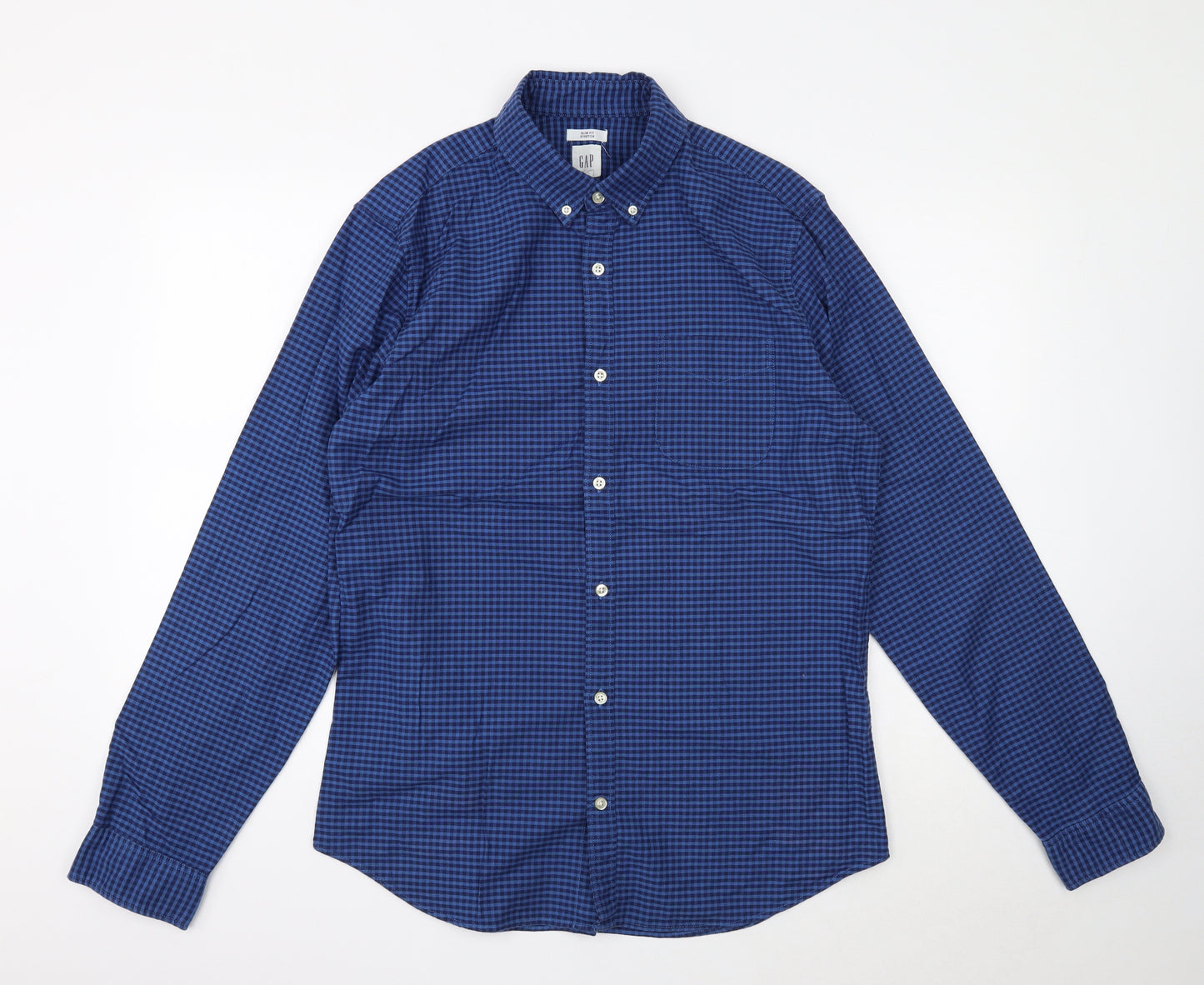 Gap Mens Blue Check Cotton Button-Up Size L Collared Button