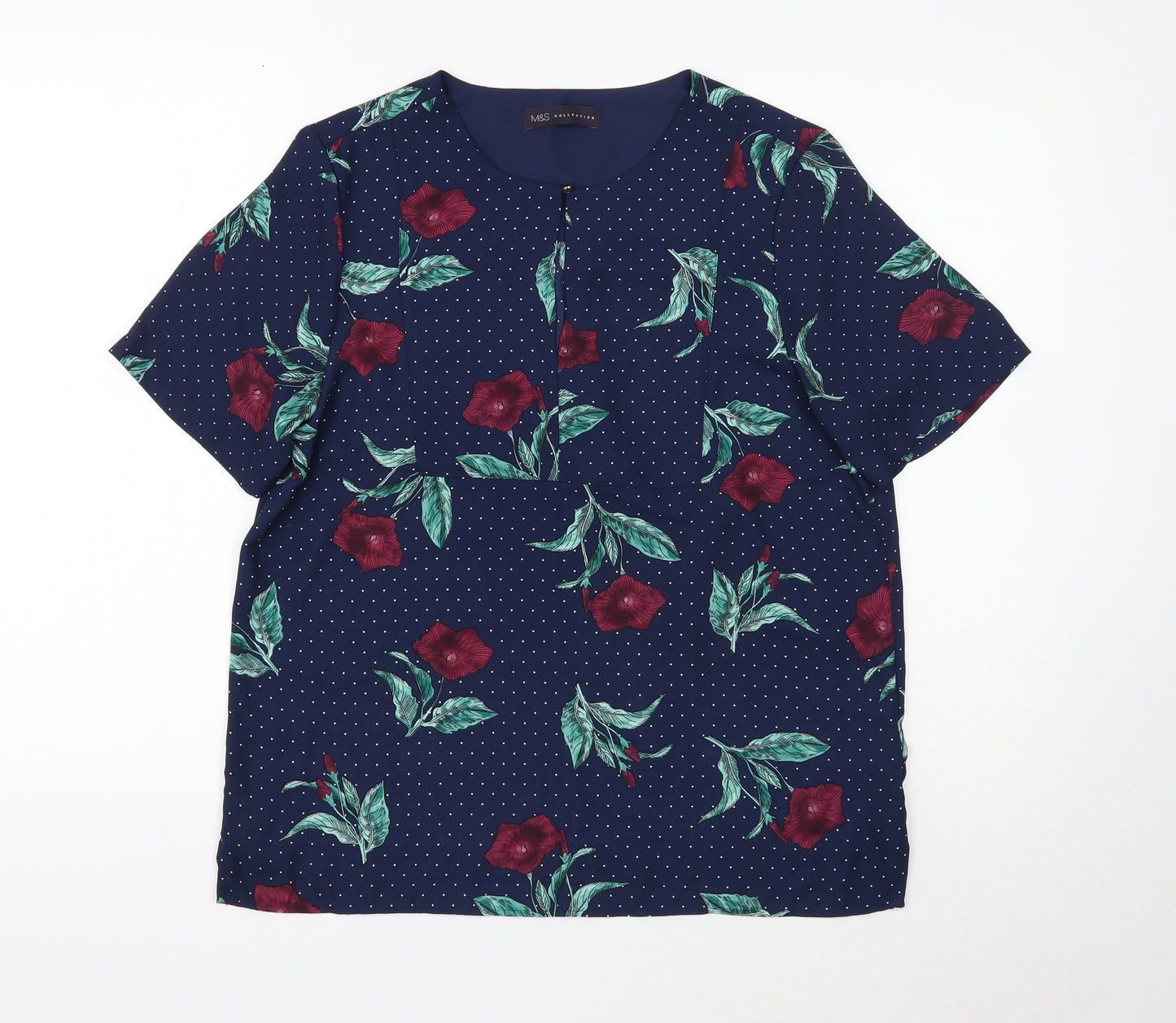 Marks and Spencer Womens Blue Floral Polyester Basic Blouse Size 10 Round Neck