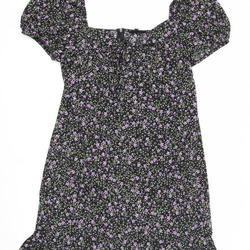 Wednesday's Girl Womens Black Floral Polyester A-Line Size L Square Neck Zip