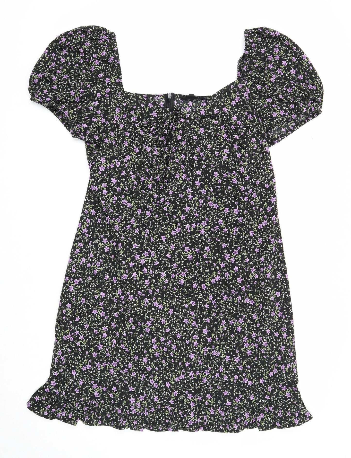 Wednesday's Girl Womens Black Floral Polyester A-Line Size L Square Neck Zip