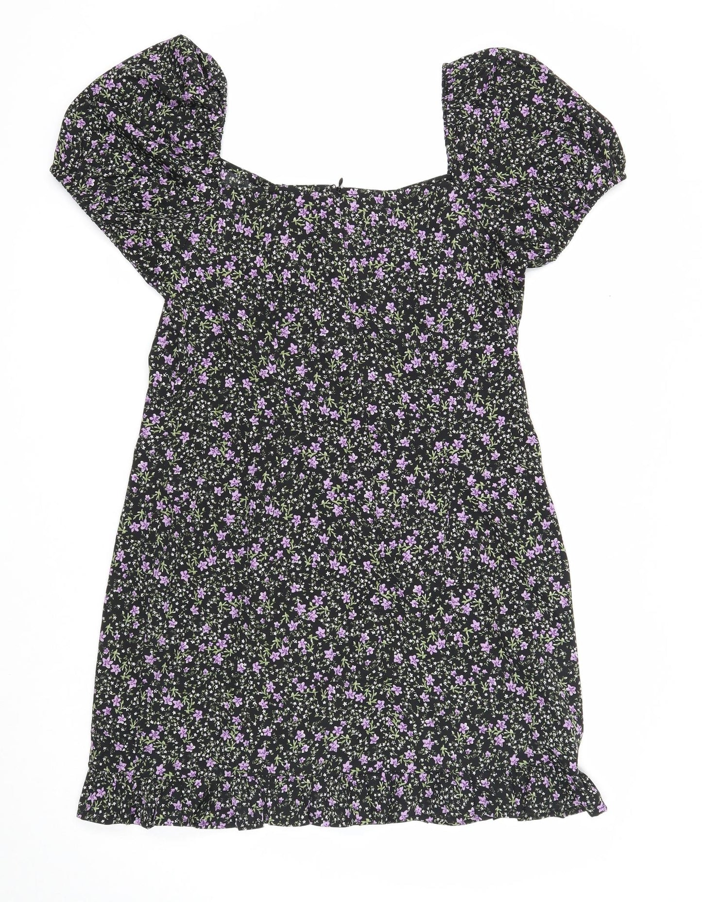 Wednesday's Girl Womens Black Floral Polyester A-Line Size L Square Neck Zip