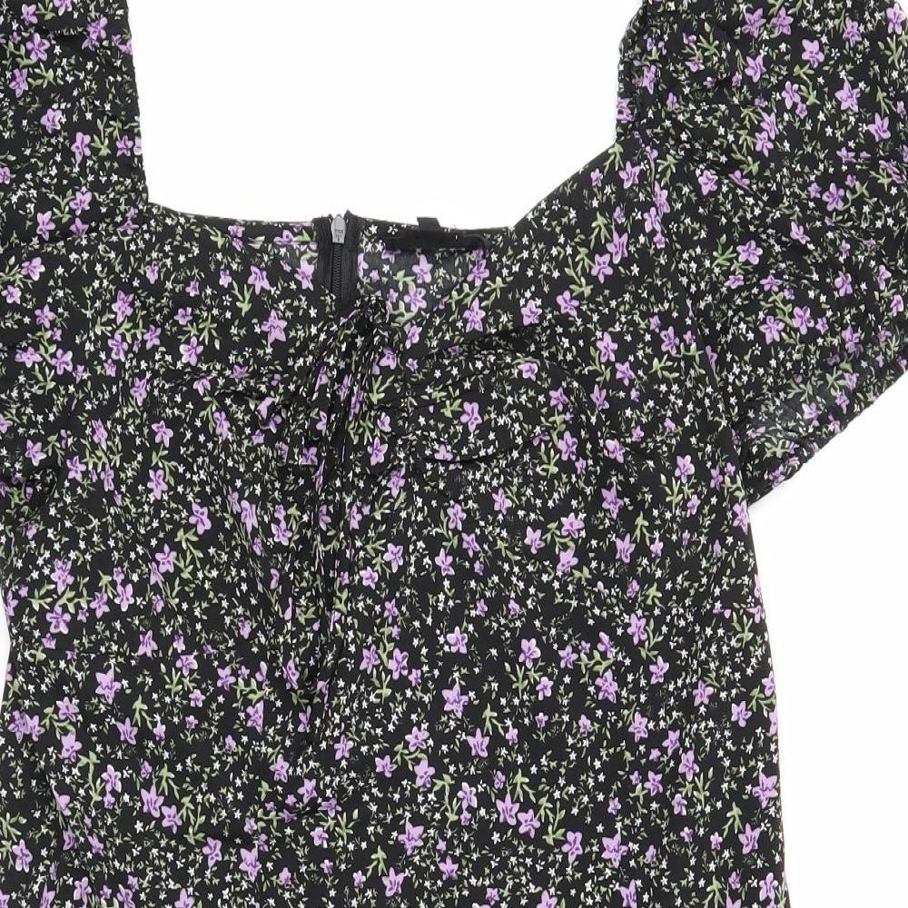 Wednesday's Girl Womens Black Floral Polyester A-Line Size L Square Neck Zip
