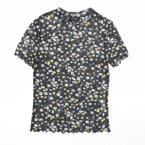 New Look Womens Black Floral Polyester Basic T-Shirt Size 8 Scoop Neck - Daisy