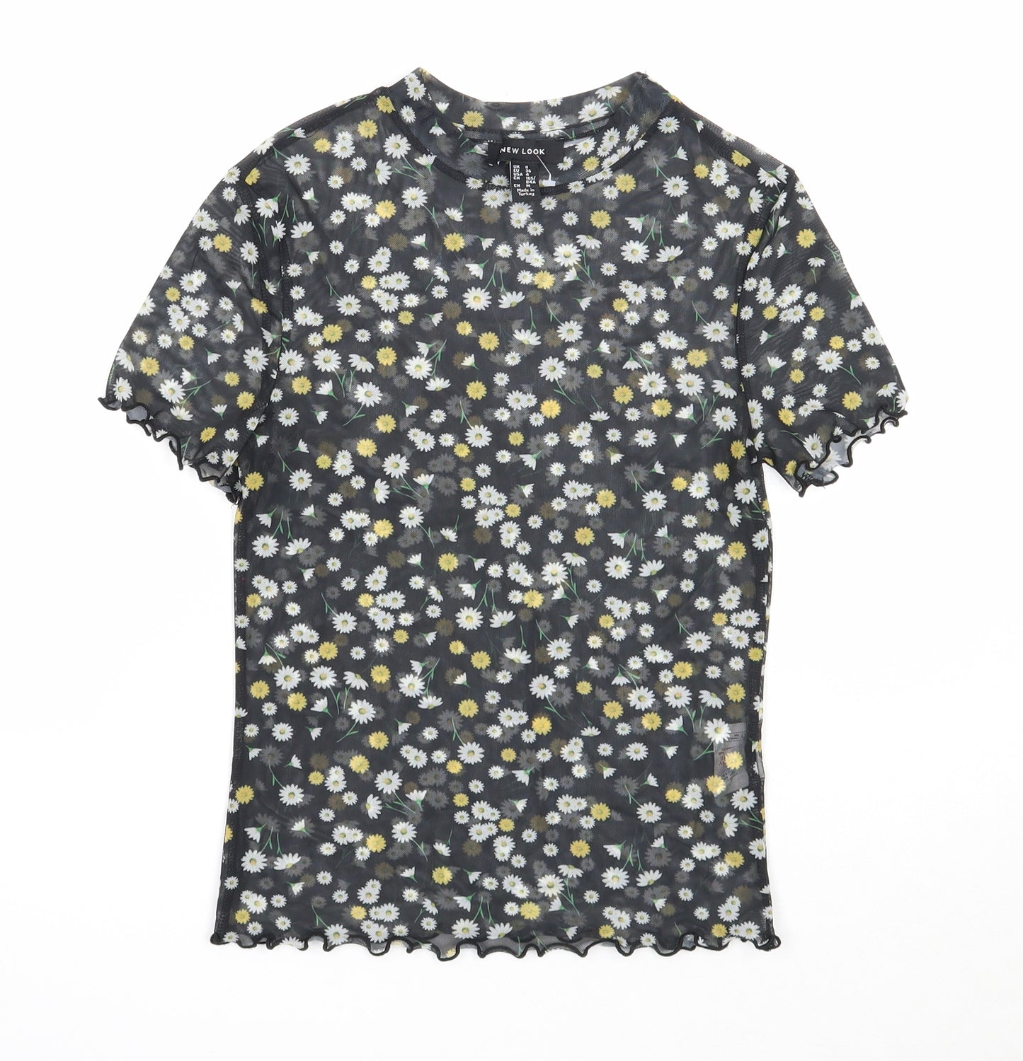 New Look Womens Black Floral Polyester Basic T-Shirt Size 8 Scoop Neck - Daisy