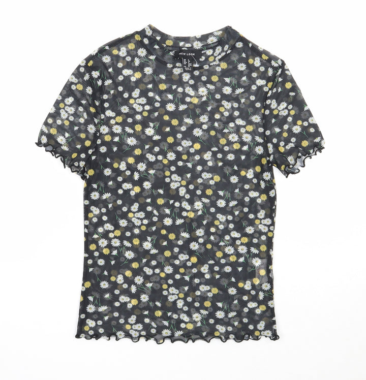 New Look Womens Black Floral Polyester Basic T-Shirt Size 8 Scoop Neck - Daisy