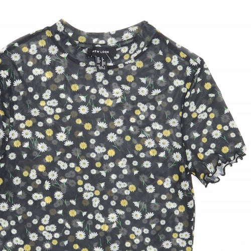 New Look Womens Black Floral Polyester Basic T-Shirt Size 8 Scoop Neck - Daisy