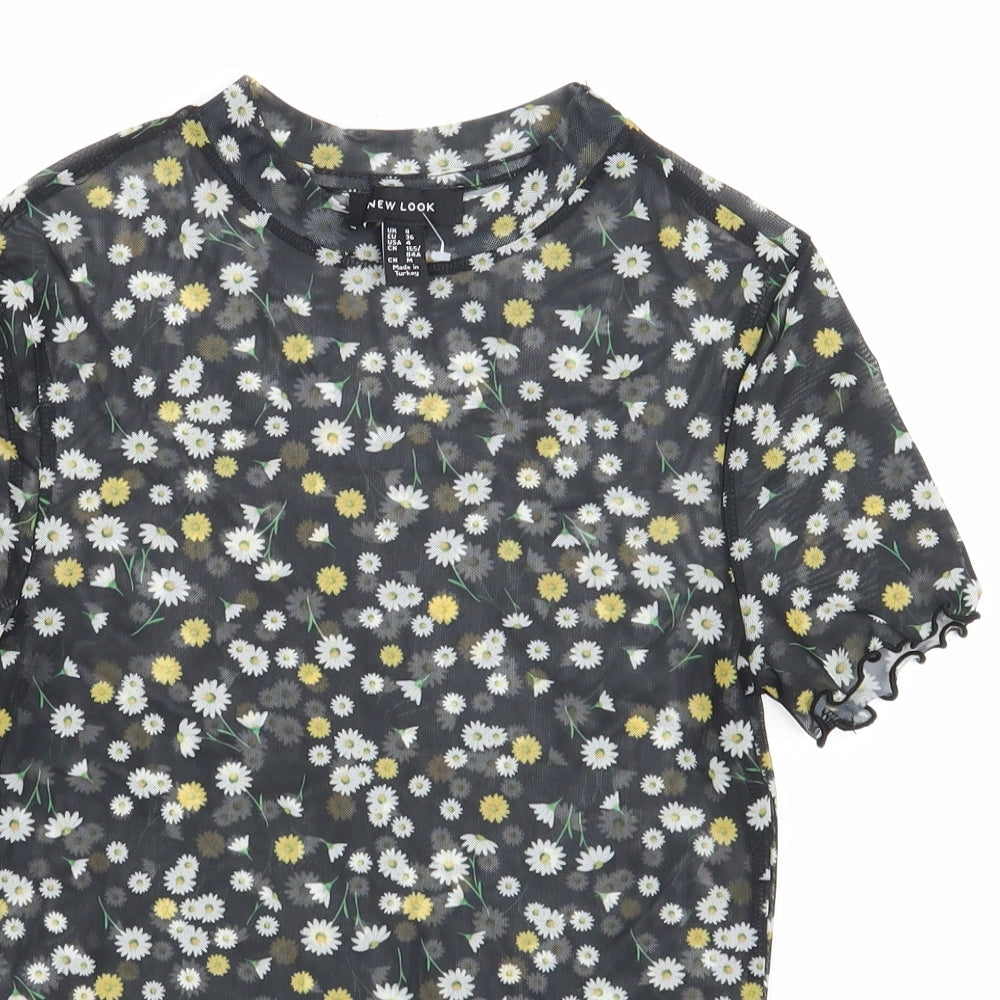New Look Womens Black Floral Polyester Basic T-Shirt Size 8 Scoop Neck - Daisy