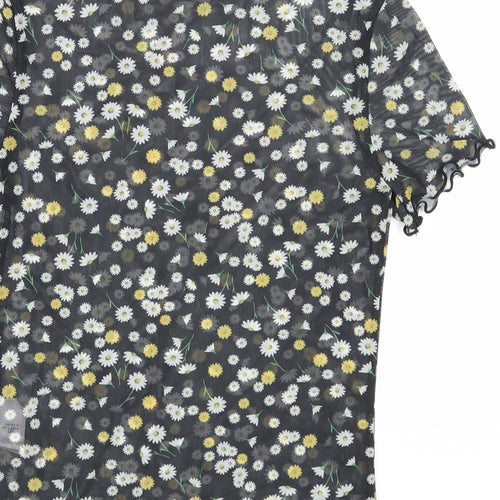 New Look Womens Black Floral Polyester Basic T-Shirt Size 8 Scoop Neck - Daisy