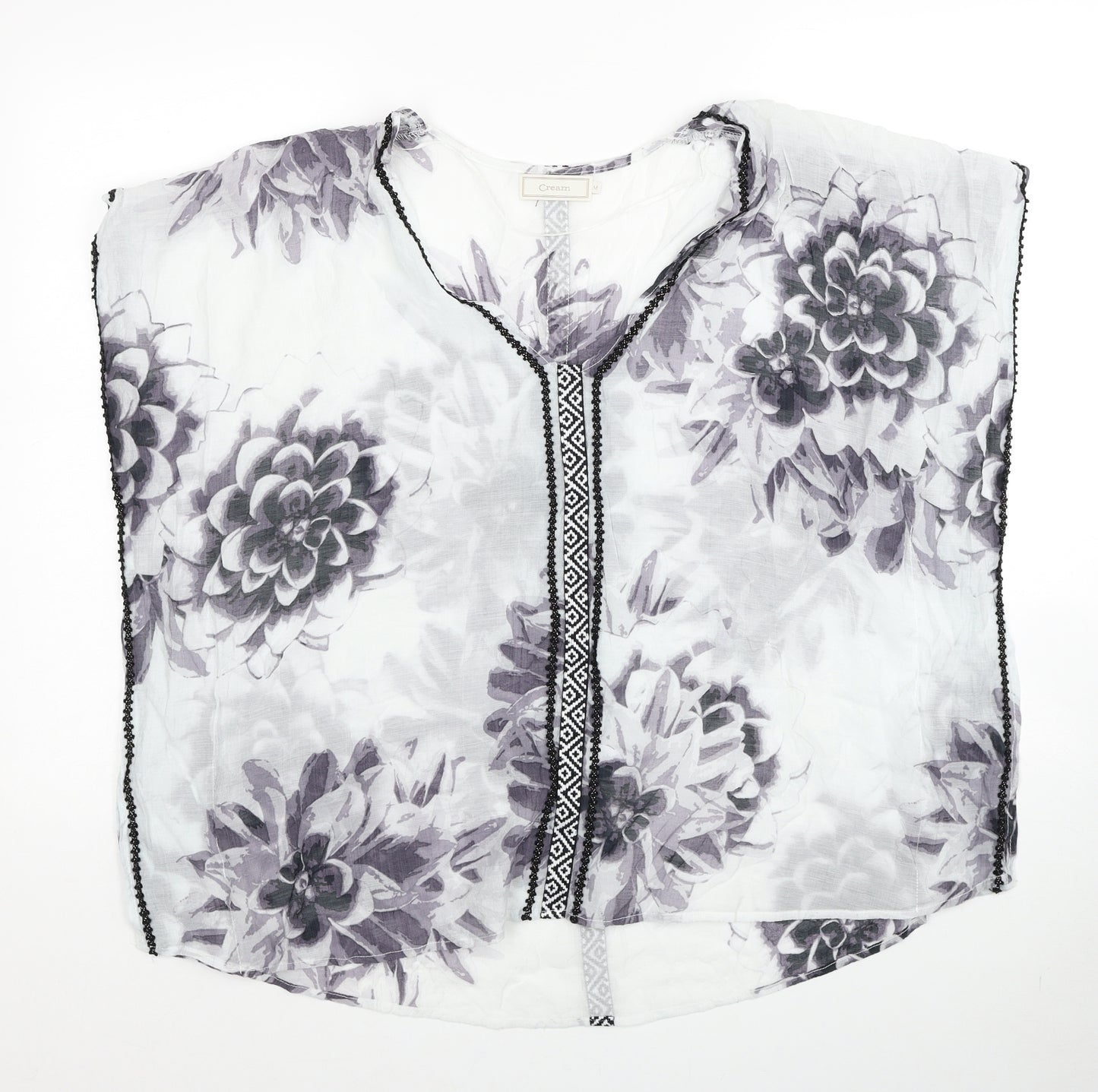 Cream Womens Grey Floral Polyester Basic Blouse Size M V-Neck