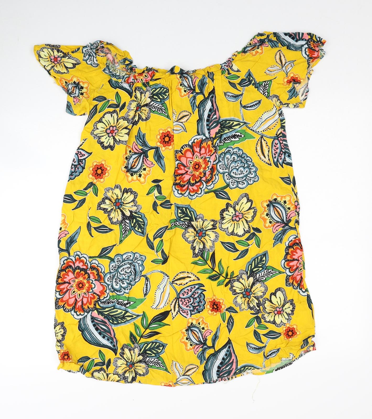 Papaya Womens Yellow Floral Viscose Shift Size 14 Scoop Neck Pullover