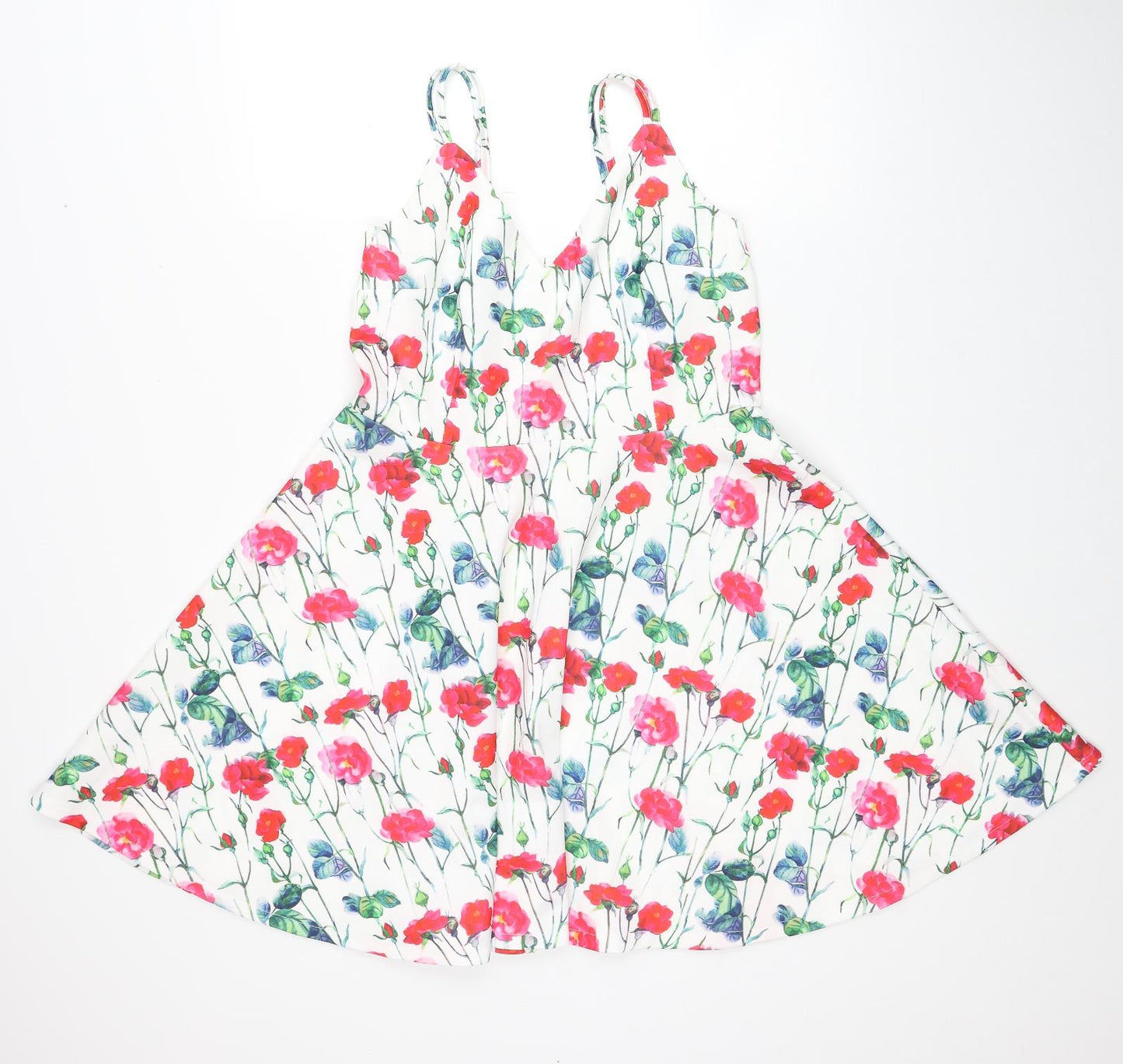 Preworn Womens White Floral Polyester Skater Dress Size 14 V-Neck Pullover