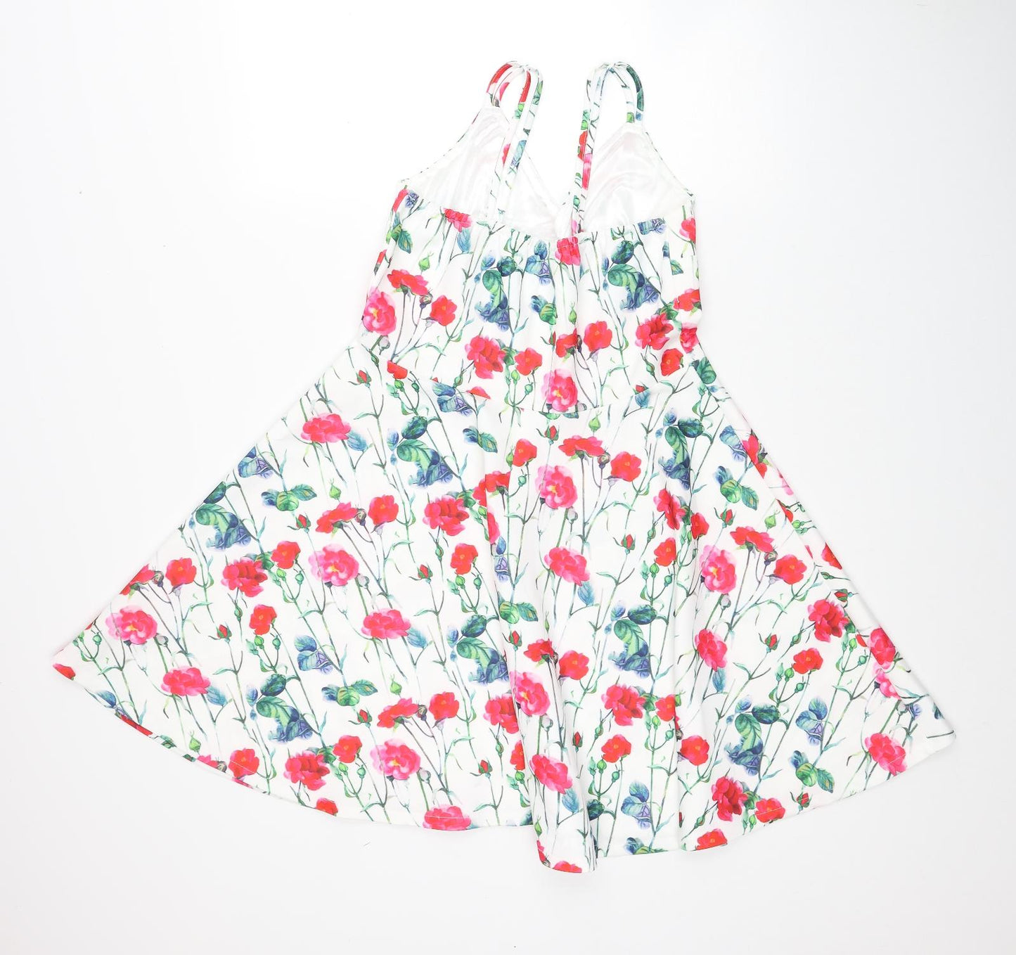 Preworn Womens White Floral Polyester Skater Dress Size 14 V-Neck Pullover