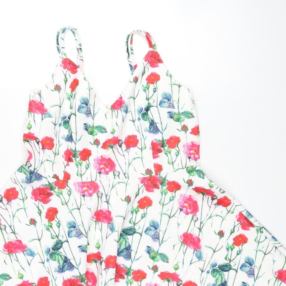 Preworn Womens White Floral Polyester Skater Dress Size 14 V-Neck Pullover