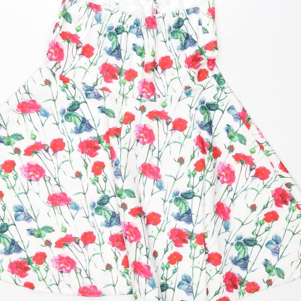 Preworn Womens White Floral Polyester Skater Dress Size 14 V-Neck Pullover