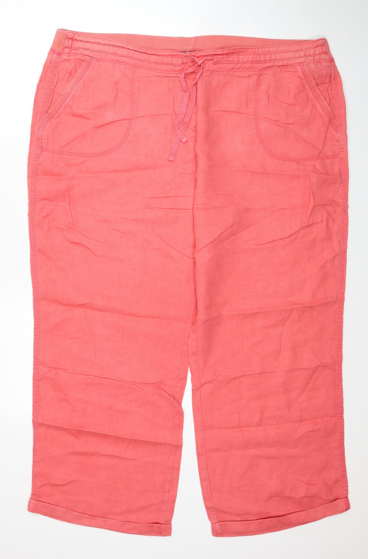 Marks and Spencer Womens Pink Linen Cropped Trousers Size 22 Regular Drawstring
