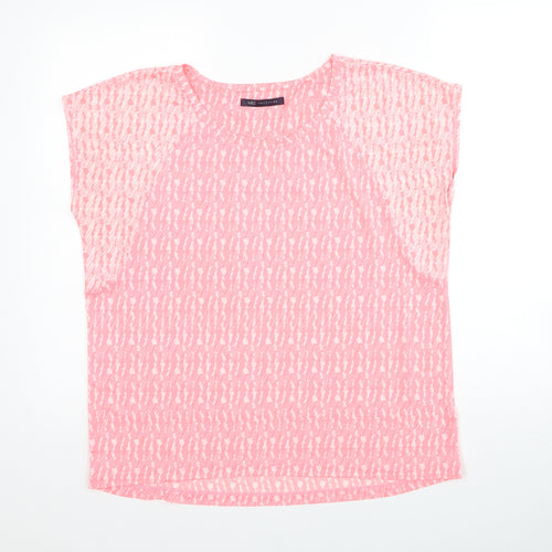 Marks and Spencer Womens Pink Geometric Polyester Basic T-Shirt Size 14 Round Neck