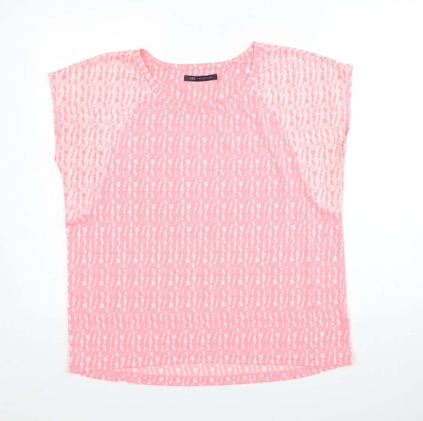 Marks and Spencer Womens Pink Geometric Polyester Basic T-Shirt Size 14 Round Neck