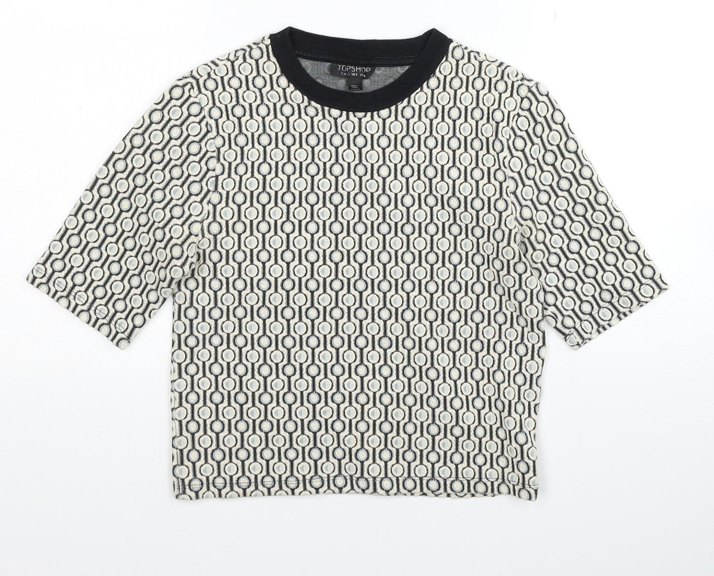 Topshop Womens Multicoloured Geometric Cotton Cropped T-Shirt Size 8 Scoop Neck