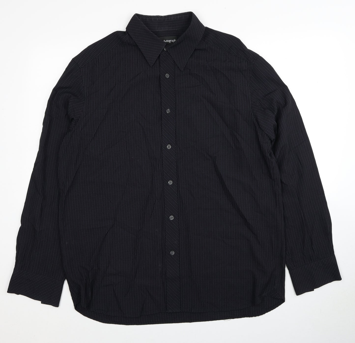 Autograph Mens Black Plaid Polyester Dress Shirt Size L Roll Neck Button