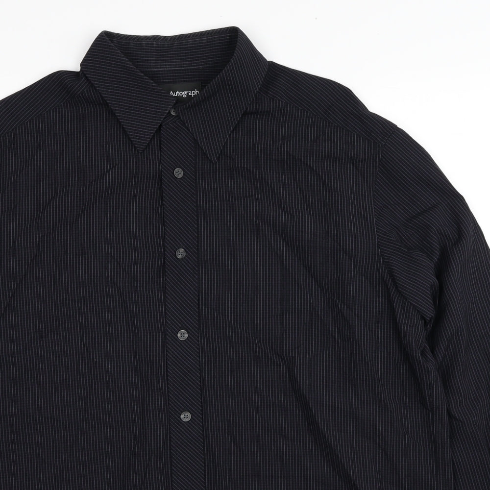 Autograph Mens Black Plaid Polyester Dress Shirt Size L Roll Neck Button