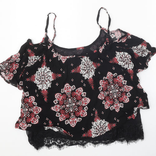 Select Womens Black Geometric Viscose Basic Blouse Size 12 Off the Shoulder