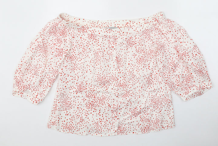 H&M Womens White Polka Dot Cotton Basic Blouse Size 12 Off the Shoulder