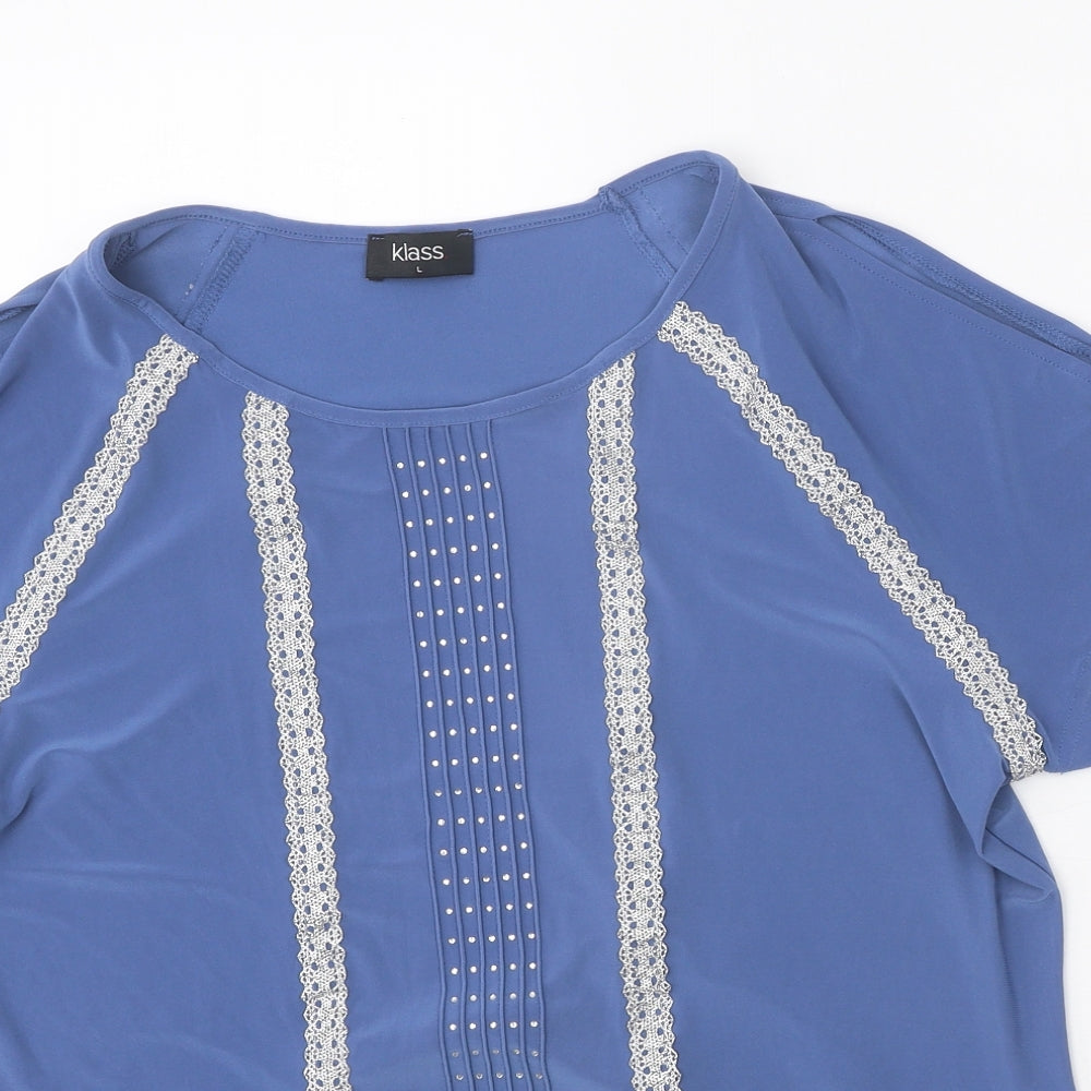 Klass Womens Blue Geometric Polyester Basic Blouse Size L Round Neck