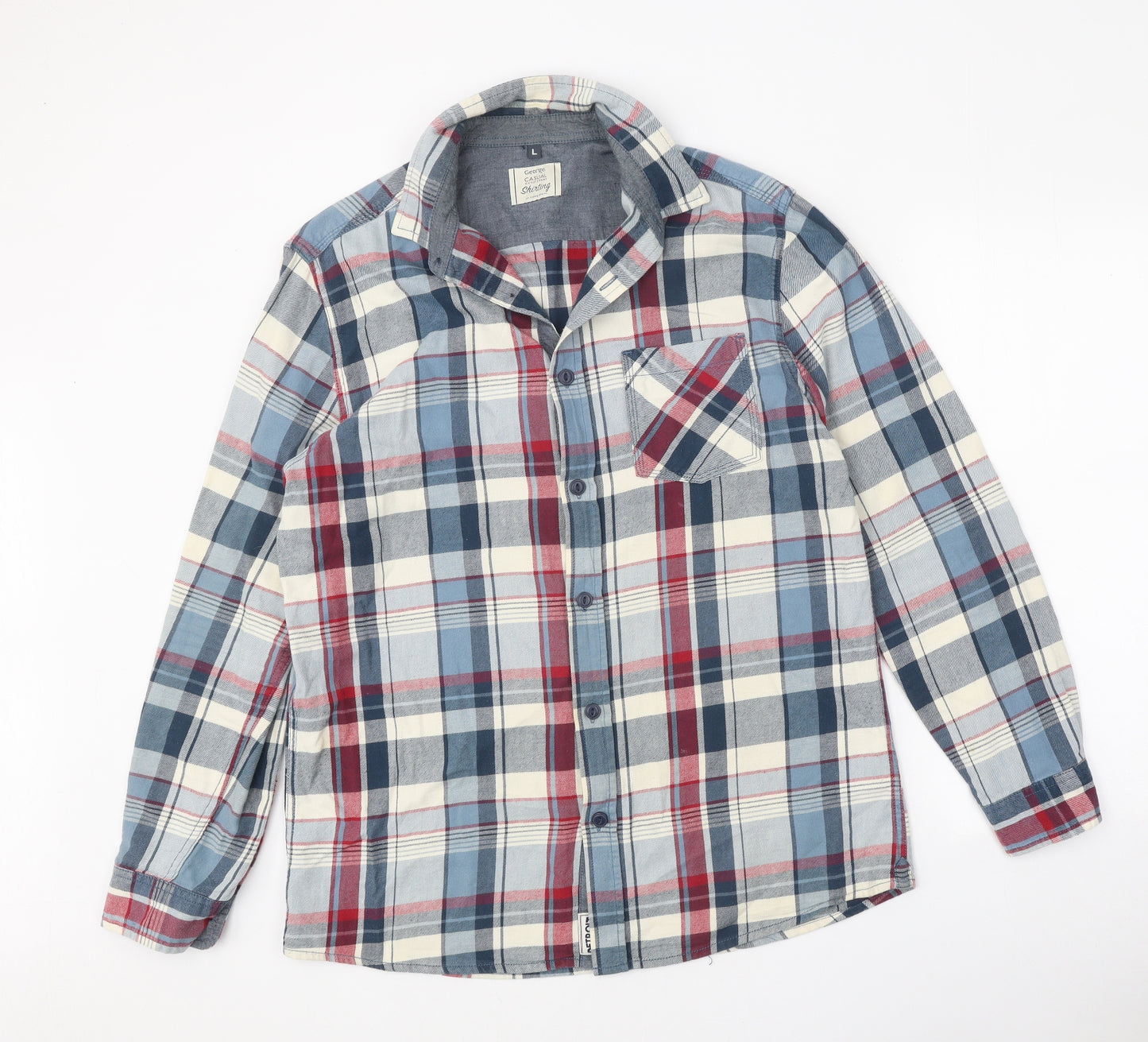 George Mens Multicoloured Plaid Cotton Button-Up Size L Collared Button