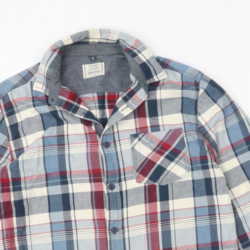 George Mens Multicoloured Plaid Cotton Button-Up Size L Collared Button