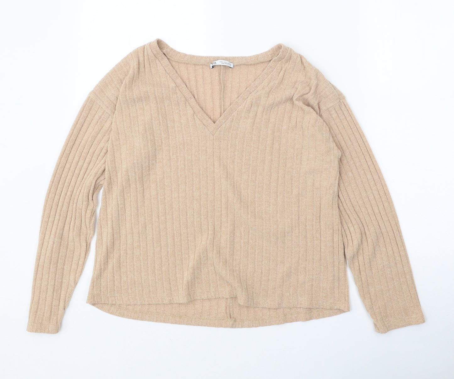 Zara Womens Beige V-Neck Polyester Pullover Jumper Size L - Ribbed