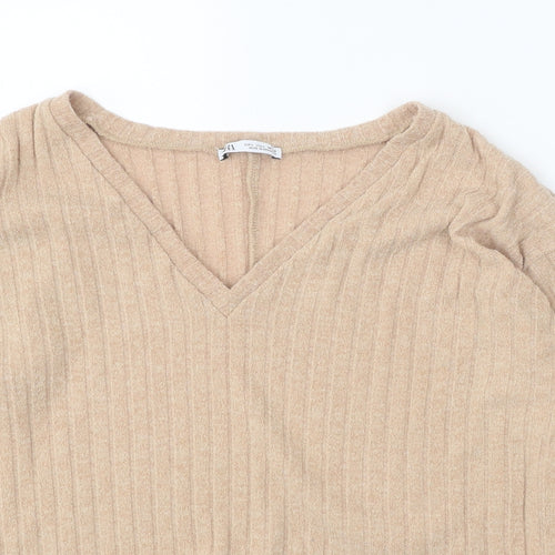 Zara Womens Beige V-Neck Polyester Pullover Jumper Size L - Ribbed