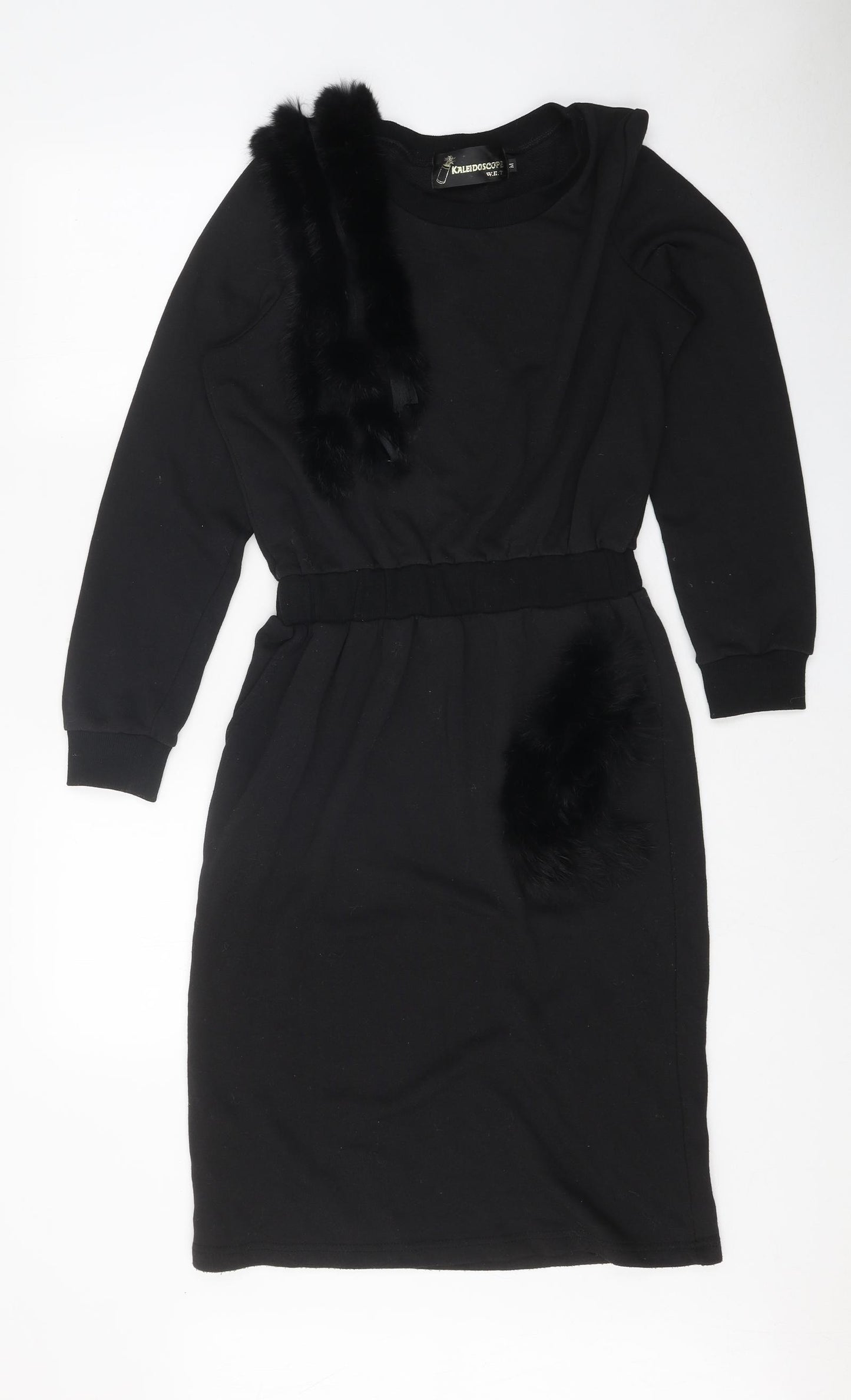 Kaleidoscope Womens Black Polyester Pencil Dress Size M Scoop Neck Pullover - Faux Fur Details