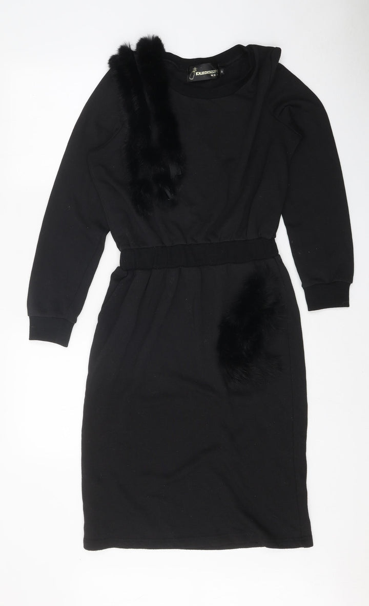 Kaleidoscope Womens Black Polyester Pencil Dress Size M Scoop Neck Pullover - Faux Fur Details