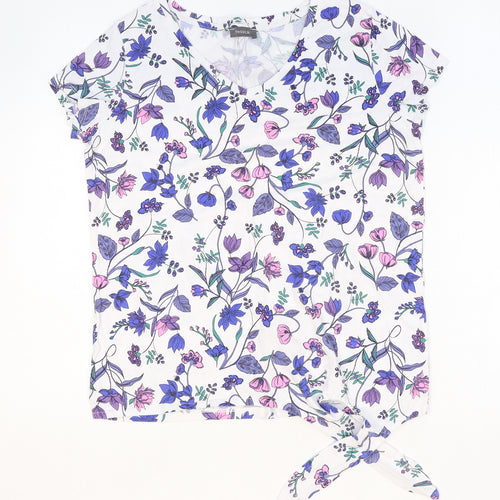 Yessica Womens White Floral Polyester Basic T-Shirt Size XS V-Neck