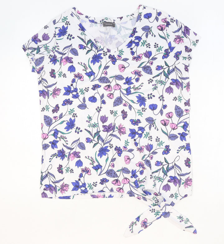 Yessica Womens White Floral Polyester Basic T-Shirt Size XS V-Neck