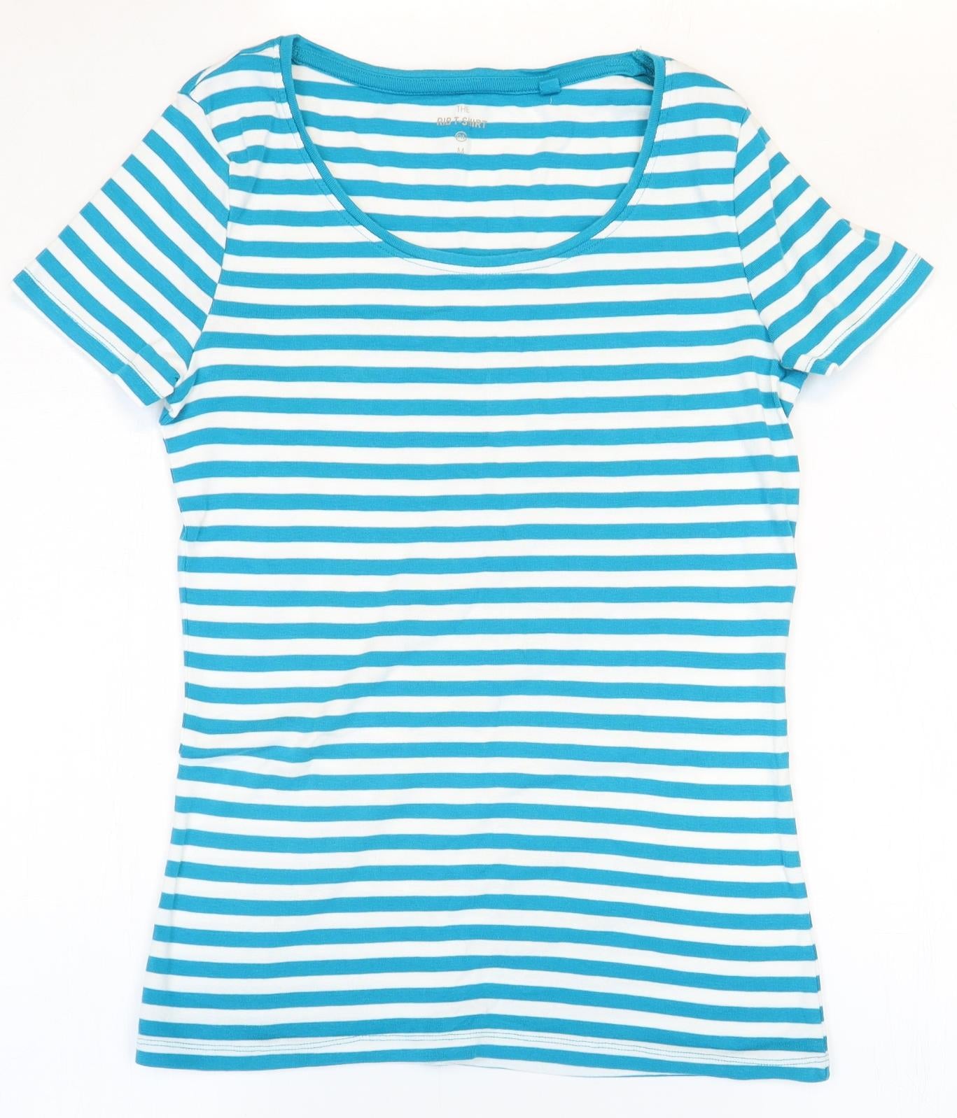 Preworn Womens Blue Striped Polyester Basic T-Shirt Size M Scoop Neck