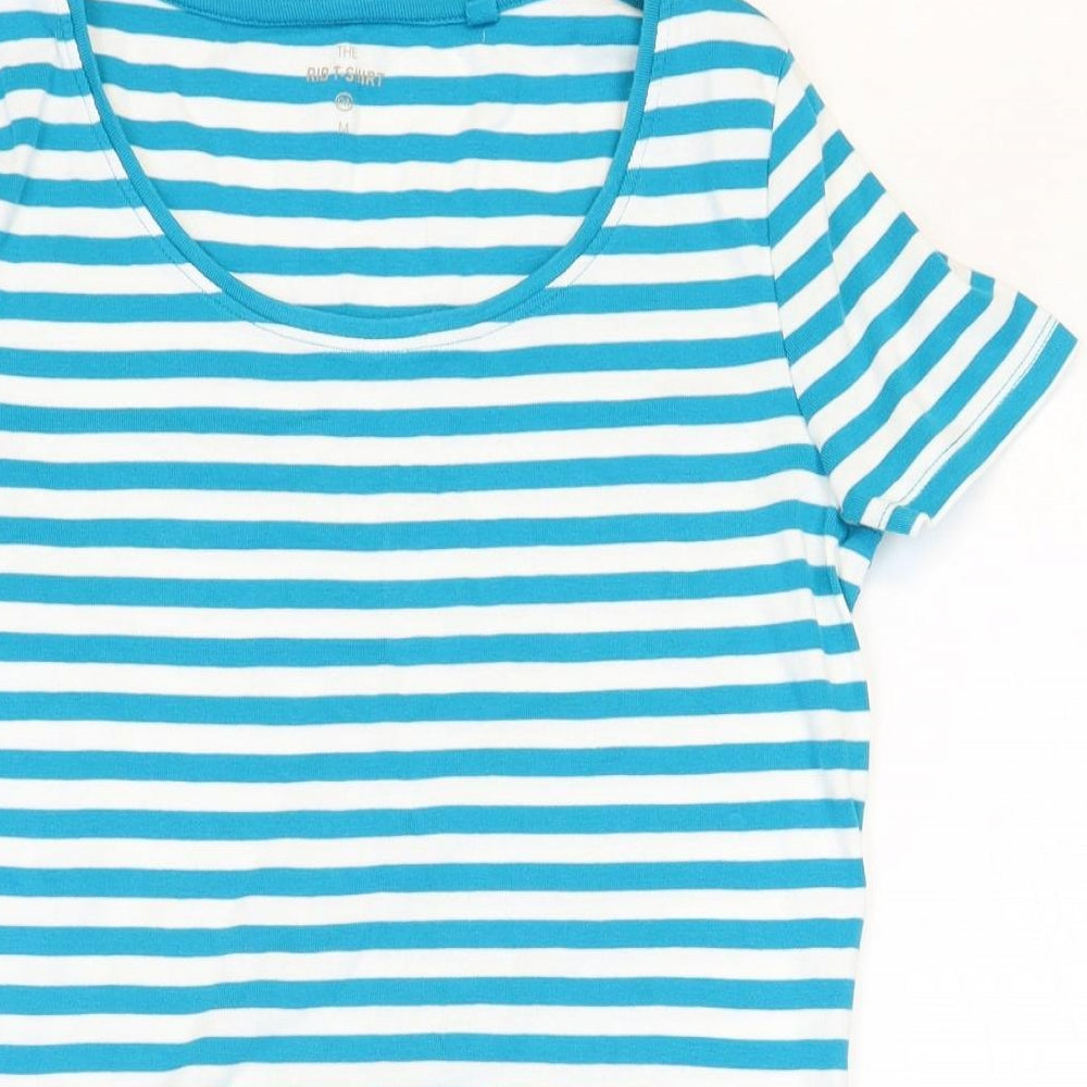 Preworn Womens Blue Striped Polyester Basic T-Shirt Size M Scoop Neck