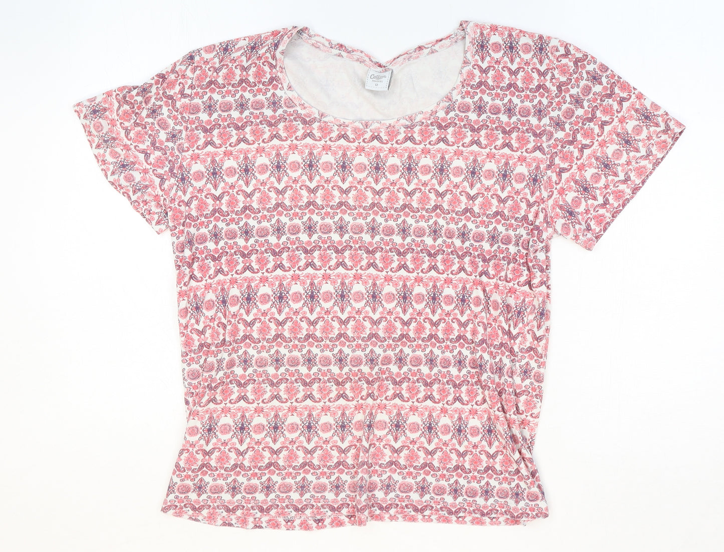 Cotton Traders Womens Pink Geometric Cotton Basic T-Shirt Size 12 Round Neck