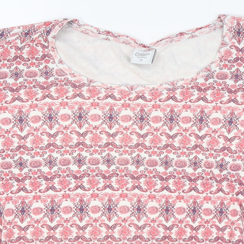 Cotton Traders Womens Pink Geometric Cotton Basic T-Shirt Size 12 Round Neck