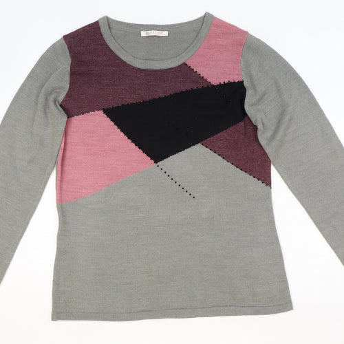 Anna Rose Womens Grey Scoop Neck Geometric Acrylic Pullover Jumper Size M