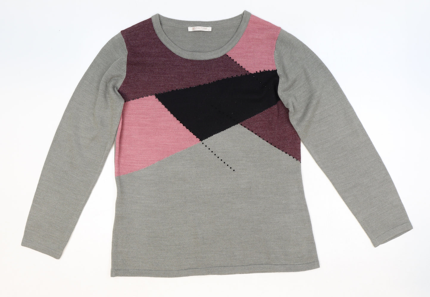 Anna Rose Womens Grey Scoop Neck Geometric Acrylic Pullover Jumper Size M