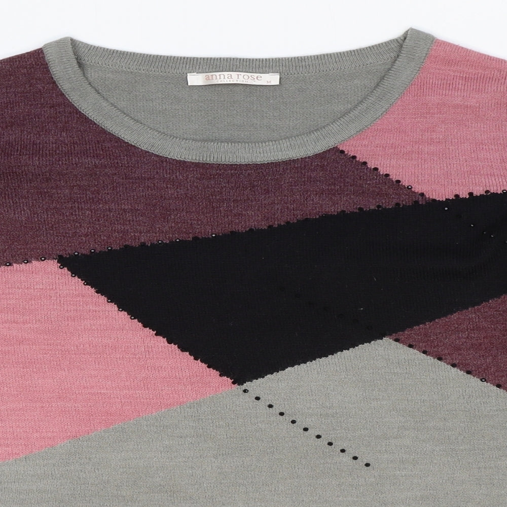 Anna Rose Womens Grey Scoop Neck Geometric Acrylic Pullover Jumper Size M