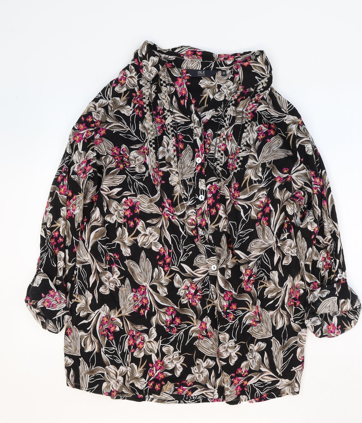 Isle Womens Black Floral 100% Cotton Basic Blouse Size 22 V-Neck