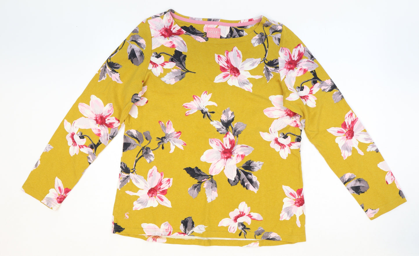 Joules Womens Yellow Floral 100% Cotton Basic Blouse Size 14 Boat Neck