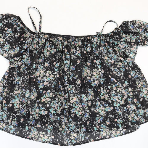 Atmosphere Womens Black Floral Polyester Cropped Blouse Size 10 Boat Neck
