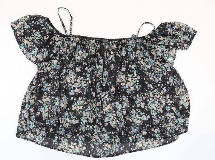 Atmosphere Womens Black Floral Polyester Cropped Blouse Size 10 Boat Neck