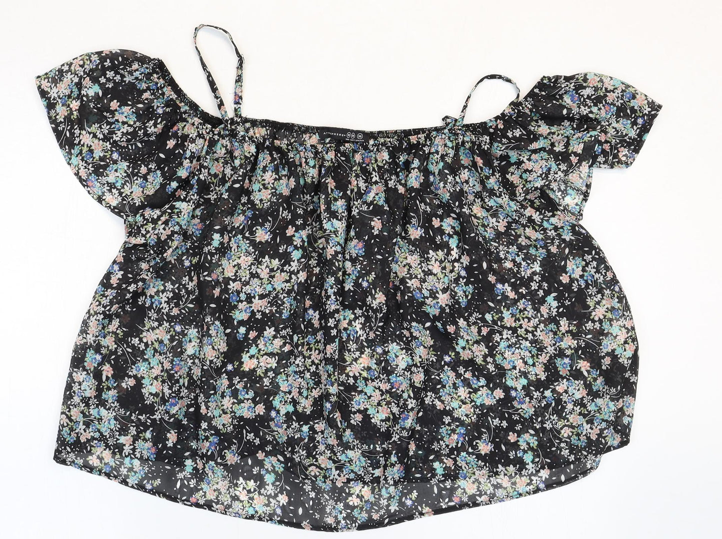 Atmosphere Womens Black Floral Polyester Cropped Blouse Size 10 Boat Neck