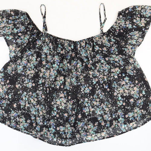 Atmosphere Womens Black Floral Polyester Cropped Blouse Size 10 Boat Neck