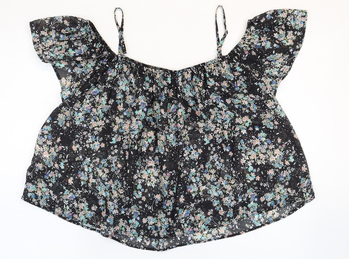 Atmosphere Womens Black Floral Polyester Cropped Blouse Size 10 Boat Neck