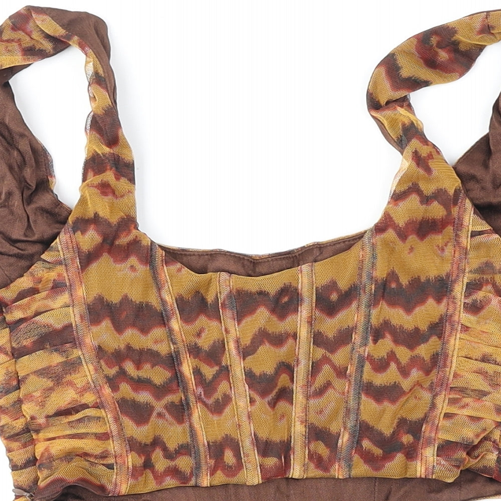 Zara Womens Brown Geometric Polyester Cropped Tank Size S Scoop Neck